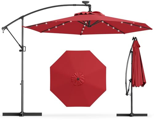 RELAX4LIFE Parasol Dépoté Rotatif Ø 3M avec Lumières LED Solaires, Parasol de Jardin Extérieur Inclinable avec Base Stable & Manivelle, Protection UV pour Jardin Terrasse Patio (Rouge)