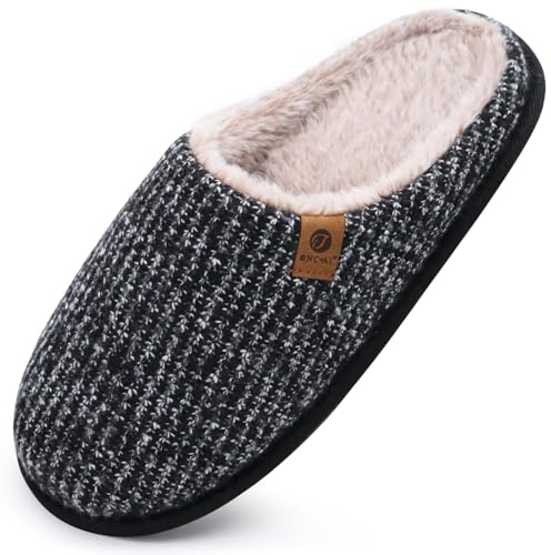 ONCAI Zapatillas de Estar en Casa Hombre Tejer Invierno Cálido Forro de Felpa Pantuflas Alta Densidad Espuma de Memoria Zapatos Con Antideslizante Suela Negro Tallas 49