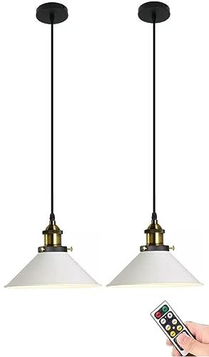 Lámpara colgante blanca que funciona con pilas con control remoto, lámpara colgante de techo no cableada, iluminación colgante inalámbrica para dormitorio, comedor, isla de cocina (Color : 2 Light)