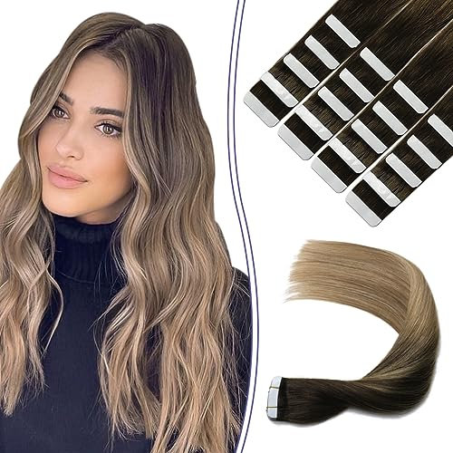 Sindra Tape in Extensions Echthaar Real Human Hair DunkelBraun bis Schmutzige Blond 20pcs 50g 50cm Remy Seidig Gerade Invisible T#2/6/18 20 Zoll