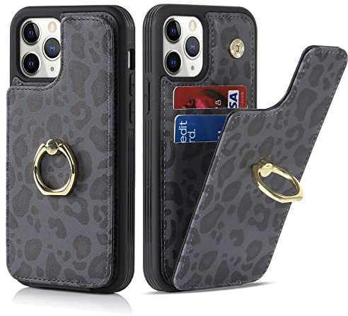 Cavor Phone Case compatible with iPhone 11 Pro Case With Card Holder,Flip Folio Leather Wallet Case,Ring Kickstand Shockproof Cover Case compatible with iPhone 11 Pro - Black Leopard