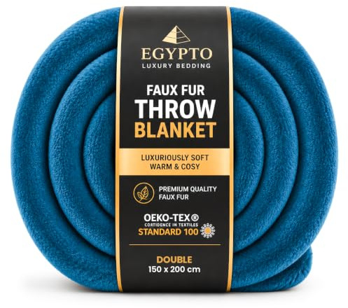 EGYPTO Double Fleece Blanket 150cm x 200cm | Luxury Faux Fur Throws for Sofas | Anti-Allergy Cozy & Soft Throw | Versatile Teal Throw Blanket for Sofa & Bed