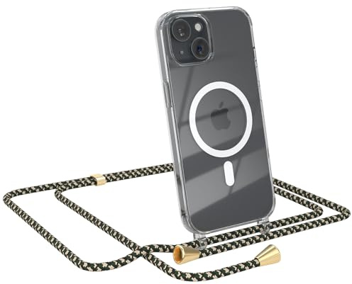 EAZY CASE - Handykette kompatibel mit iPhone 15 Kette zum Umhängen Stoßfest Handyhülle für iPhone 15 Silikon Hülle mit Band Handytasche Transparent als Fallschutz in Grün Camouflage