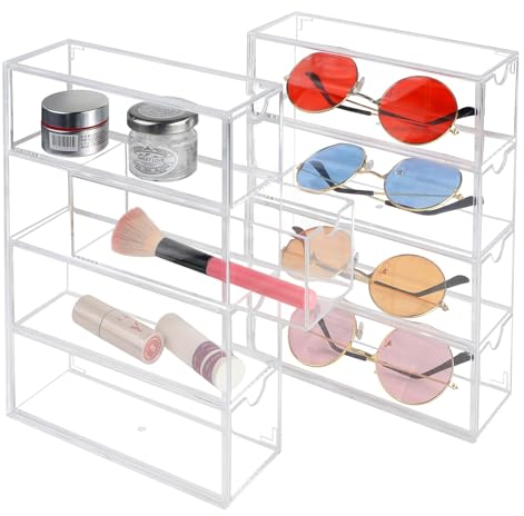 Supaway Sonnenbrillen Aufbewahrung Acryl Brillenbox Transparente Brillenständer 2 Stück 8 Schubladen Stapelbar Organisator Multifunktional Vitrine für Brillen Uhren Schmuck Kosmetika Accessoires