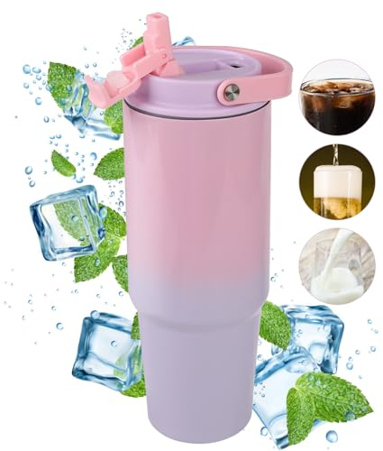 vebulon Thermobecher Strohhalm 31oz Isolierbecher mit Strohhalm 2 in 1 Auslaufsicherer Deckel Doppellagiges Vakuum Thermobecher Groß mit Top-Griff für Heiße Kalte Getränke