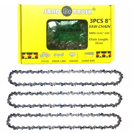 Mini Kettensäge Ersatz 8 Zoll Kettenstange 3pcs .043 Gauge, 1/4 LP, 48 DL，Kettenlänge 30cm für Führungsplatte 26cm, Effektive Schnittlänge 20cm, für 21-26V Akku Mini Kettensäge Garten