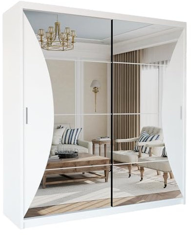 FURNITUREWAVE Carifornia Sliding Curved Mirror Wardrobe with Hanging Rail and Shelves, Clothes Storage Cabinet Organizer Closet for Bedroom Small Spaces (White, 203cm)