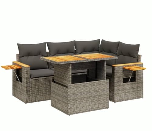 vidaXL Garten Sofagarnitur mit Kissen 5-TLG., Gartenmöbel Gartengarnitur, Sitzgruppe Sitzgarnitur, Lounge Sofa Garnitur Terrasse, Grau Poly Rattan