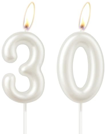 Perlweiße Geburtstagskerze, weiße Happy Birthday Zahl 30, Kuchenkerzenaufsatz für Mädchen, Hochzeitstag, Gedenken