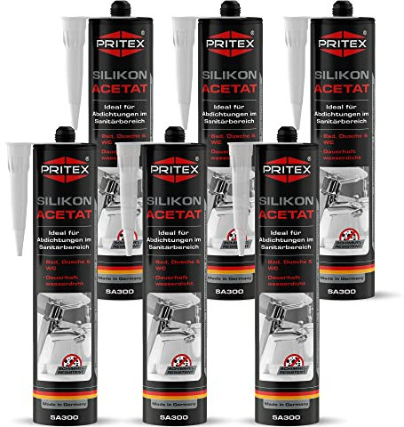 PRITEX – Sanitär Silikon Silbergrau 6 x 300 ml zum Abdichten & Verfugen – Acetat für Bad, Dusche & WC – wasserdicht, langlebig & schimmelresistent – Fugendichtmasse mit sehr guter Haftung