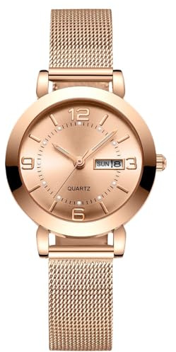 RORIOS Mädchen Minimalistische Armbanduhr Damen Analoge Quarzuhr Datum Kalender Leuchtend Uhr Business Damenuhr mit Mesh Armband Gold