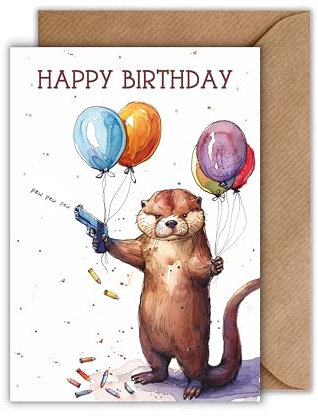 WBdesignz Geburtstag Karte mit Umschlag - Geburtstagskarte “Happy Birthday - pew-pew-pew!” Otter mit Sonnenbrille Revolver Luftballons Glückwunschkarte Geschenkkarte zum Geburtstag (DIN A6)