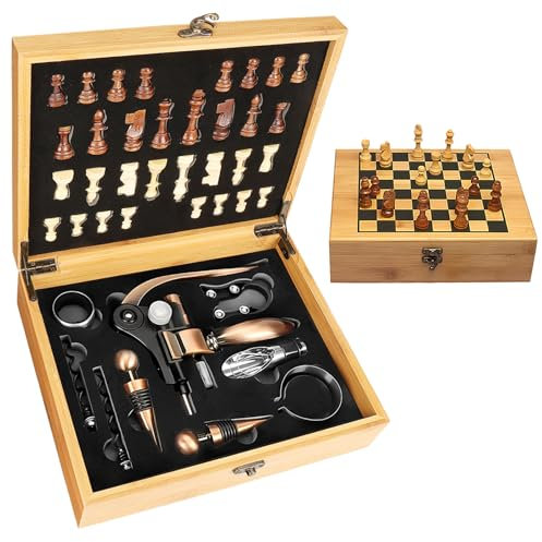 Set di cavatappi da Vino con Scatola in Legno Antico, Set da Sommelier con cavatappi, Set di Accessori da Vino, Set di cavatappi con Testa di Coniglio, Anelli salvagoccia (BambooWood)