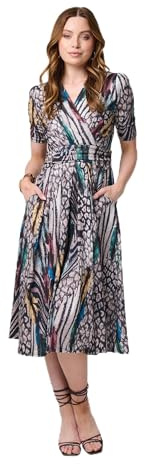 Izabel London Printed Faux Wrap Front Jersey Midi Dress for Women UK with a v-Neck, 1/2 Sleeves and Pockets.