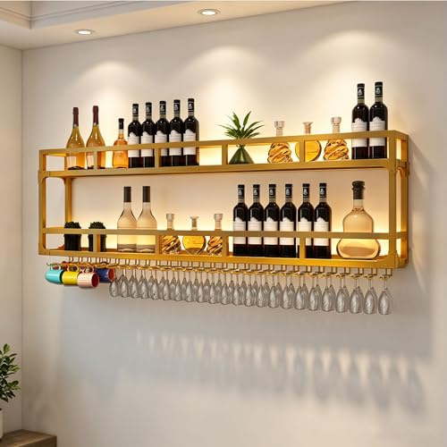 Porte Bouteille Mural avec Lumière Range Bouteille Etagere Murale Cuisine Casier à Bouteilles Casiers et Supports de Cuisine Meuble Bar avec Porte Verres Suspendu pour Comptoir de Bar Salon Cuisine(Go