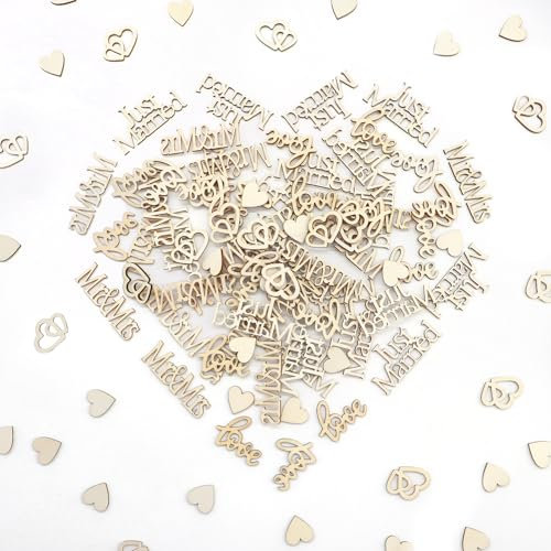 Yeria 120 Stück Holz Konfetti Hochzeitsdeko Tisch, Herz Konfetti Streudeko Tischdeko Hochzeit, Just Married Hochzeit Deko, DIY Hochzeitsdeko Tisch für Verlobbung Valentinstag