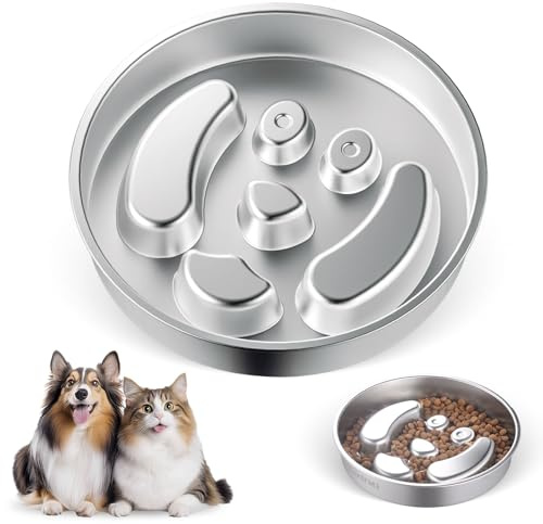 Stainless Steel Slow Feeder Dog & Cat Bowl - Large & Medium Breed, Puppy Puzzle Feeder, 2 Cup Metal Pet Dish for Small to Big Pets, Slow Feed Dog & Cat Food Bowl, Non-Slip Dog Feeding Station