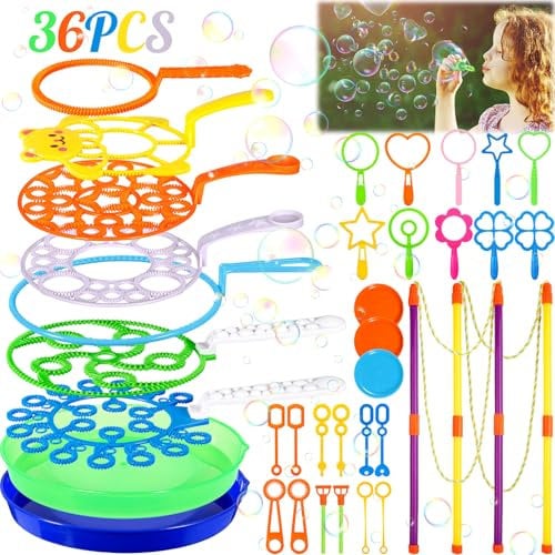 KDISHKRA 36 Stück Seifenblasen Set für Kinder – Große Seifenblasen Spielzeug mit Seifenblasenstab & Stäbe – Perfekt für Outdoor Party, Garten, Kindergeburtstag, Hochzeit & Riesenseifenblasen Spaß