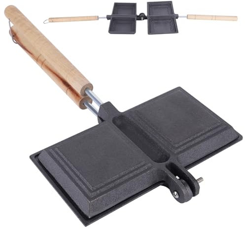 Cast Iron Toasted Sandwich Maker, Double Side Stovetop Toastie Maker, with Removable Long Woode Handle, Sandwich Press Toaster for Home Kitchen Breakfast or Outdoors Camping