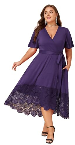 LapaPlus Robe pour femme invitée de mariage grande taille, élégante, col en V, manches courtes, dentelle, ourlet fluide, robe de cocktail avec poches, violet, 3XL Grande taille