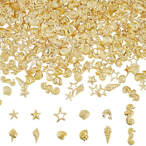SUNNYCLUE 1 Box 720 Stück 12 Stile Goldene Ozean Nagel Charms Metall Harz Füller Charms Legierung Sommer Meer Thema Pferdemuschel Seestern Cabochons Für Kunstnägel Dekoration DIY Handwerk Schmuckherst