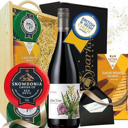 Wine and Cheese Gift Set – Aloe Tree Shiraz Red Wine 75cl with Award-Winning Snowdonia Cheese & Biscuits – Luxury Wooden Hamper for Birthdays, Thank You, Congratulations or Housewarming