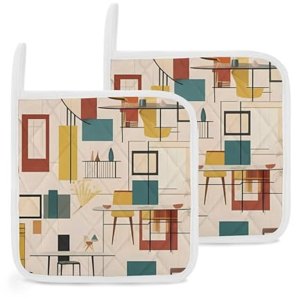 Set di 2 presine moderne di metà secolo, resistenti al calore, con passanti per appenderle, resistenti al calore, per cucinare, cuocere al forno, barbecue