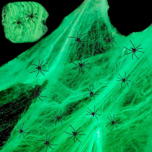 Halloween Deko,60g Spinnennetz,20st Plastik Spinnen,Halloween Deko Innen,Spinnenweben,Spinnweben,Spinnennetze Set,Dehnbare Dekorationen FüR Garten Mit Party (Grün)