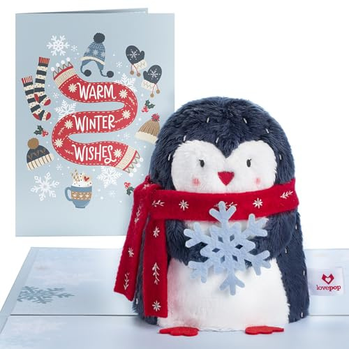 Lovepop® 3D Pop-Up Weihnachtskarte mit Pinguin PlüschPop Grußkarte warm winter wishes plush pop greeting card | inkl. Premium Umschlag & Notizkarte