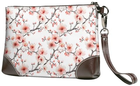 Pochette da donna piccola – rosa pesca fiore stampa pelle moda portafoglio con cinturino da polso