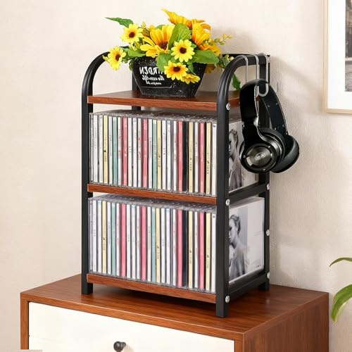 Rainmae 3-Tier CD Storage Shelf for Display Wooden Metal CD Holder Desk Rack Organizer Sturdy Game Disc Display CD Organizer for Countertop Storage Media Shelf Home Office Ideal for Music Enthusiasts