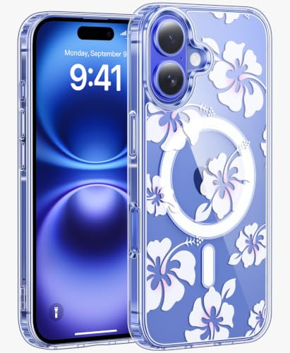 Jkvare for iPhone 16 Case, [Diamond Bling Camera Lens Protector], Crystal Clear Aesthetic Pattern Wireless Magnetic Protective Phone Cover for Women Girls - Pastel Hibiscus