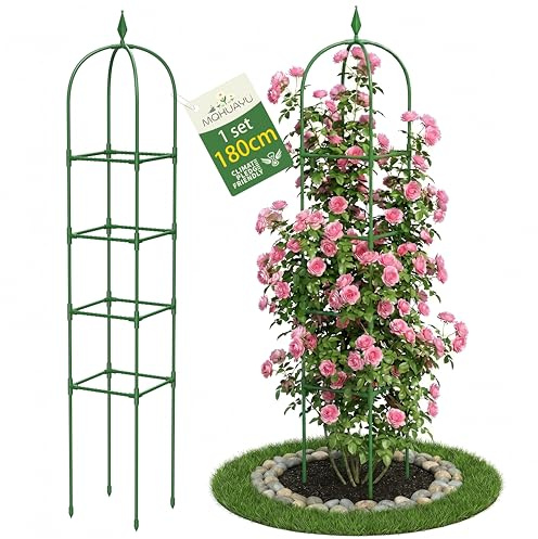 1er Set Garten Obelisk Rankgitter, 180 cm Metall Rankgitter, Rankhilfe Obelisk für Rosen Clematis Kletterpflanzen, Pflanzturm mit Pulverbeschichtung Rostschutz, Innen & Außen, Grün (4 Layers)