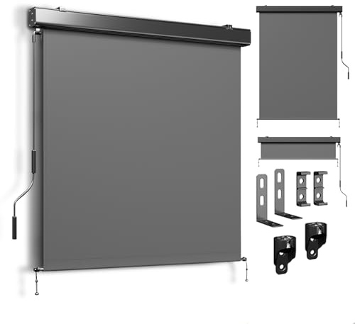 UDPATIO Senkrechtmarkise außen 180x250cm, Balkon Sichtschutz, Markise mit Handkurbel, Außenrollo Wetterfest Sonnenschutz, 280g/m² Balkonrollo aus Aluminium für Terrasse, Grau Wasserdicht