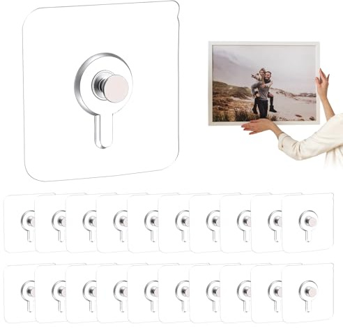 Holtrae 20 Pièces Accroche Tableau Sans Percer Transparent Auto Adhésifs Attache Cadre Crochets Fixation Murale Pour Cadres Photo Posters Peintures Pour Salle de Bain Cuisine Douche Miroir Étagère