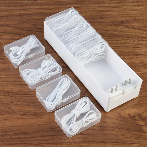 aceyoon Cable Storage Box, PP Material 10 Compartmentalised White Cord Organiser Clamshell Design Cable Tidy Box for Office, Home Wire and Charger Storage Modular Storage Boxes