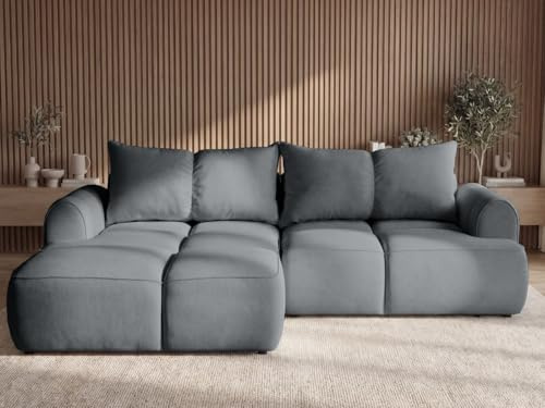 GRAINGOLD Boono Ecksofa 282x170 cm, L-Form Sofa, Ecksofa für Wohnzimmer, Veloursstoff, 4-Sitzer Eckcouch, Ecksofa mit Stauraum und Bettfunktion, Modernes Design (Dunkelgrau, Links)