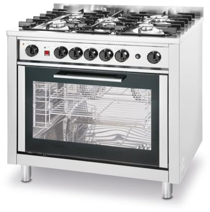 HENDI Fourneau à gaz professionnel avec 5 brûleurs (14,3 kW) et four électrique à convection + grill, allumage piézoélectrique, pour gaz naturel, 230V/2900W, 900x653x(H)900mm, inox