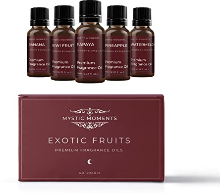 Mystic Moments | Exotic Fruit Fragrance Oil Starter Pack | 5x10ml | Five scents: Banana, Kiwi Fruit, Papaya, Pineapple and Watermelon for candles, wax melts and soaps.