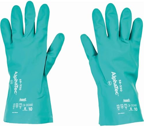 Ansell AlphaTec 58-330 Guanti Chimici da Lavoro in Nitrile, Eccellente Destrezza e Tattilità, Alte Prestazioni, Guanti Antinfortunistici Professionali, Donna e Uomo, Verde, Taglia M (12 Paia)