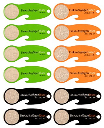 Einkaufswagenlöser Münze grün,orange,schwarz/Schlüsselanhänger Einkaufschip mit Schlüsselfundservice/Abziehbarer Einkaufswagenchip Metall, Chip Einkaufswagen, Key Finder / 12 Stück