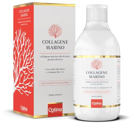 Collagene Marino Idrolizzato Liquido, pronto da bere, con Acido Ialuronico e Vitamine C, E, B6, 500 ml Collagene Marino Optima Naturals