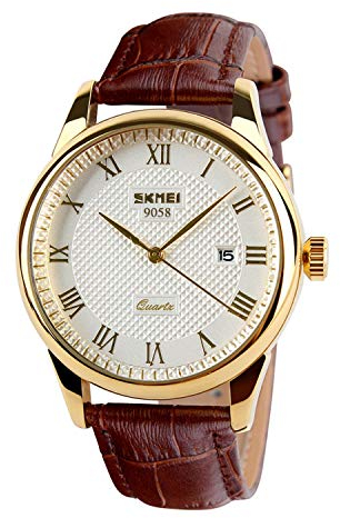 SKMEI Orologi da polso al quarzo da uomo d'affari con numeri romani cinturino in pelle casual resistente all'acqua orologi analogici, Oro, Classico