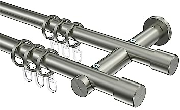 INTERDECO Gardinenstange 20 mm 2-läufig, moderne Vorhangstange aus Metall, Edelstahl-Optik, zur Wandmontage, Typ 10203112, 160 cm