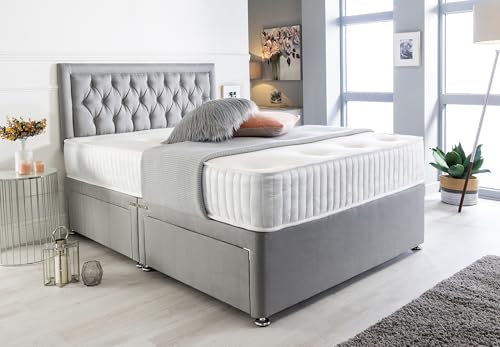 Sleep Factory's Grey Suede Chesterfield Divan Bed Set & Memory Foam Mattress 4.0FT (Small Double), 2 Drawers (Same Side)