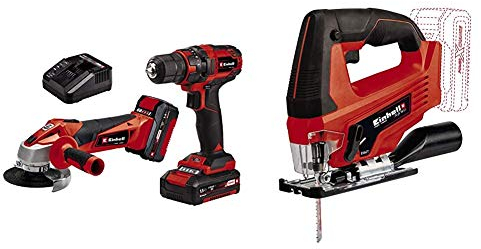 Einhell Maschinen-Set TC-TK 18 Li Kit Power X-Change (Bohrschrauber TC-CD 18/35 Li + Winkelschleifer TC-AG 18/115 Li, inkl. 1,5 Ah und 3,0 Ah Akku) + Einhell Akku-Stichsäge TC-JS 18 Li-Solo