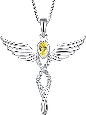 FJ Engelsflügel Kette Damen 925 Sterling Silber Schutzengel Anhänger Halskette Infinity Unendlichkeit Kette Citrin November Geburtsstein Kette Schmuck Geschenke für Frauen Mädchen