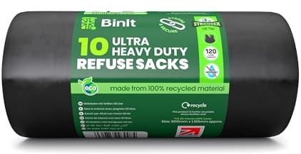 BIN IT 10 Tie Top, Ultra Heavy Duty, 120 Litre XL Refuse Sacks, Bin Bags, Bin Liners, 80kg Lift Tested, Super Strong, 60 μm, Perfect for Household, Office, Garden, Commercial, DIY, Caterers, Builders