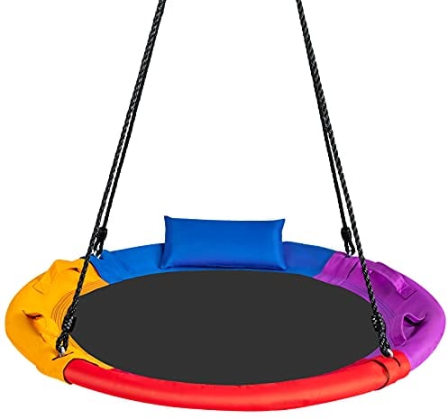 COSTWAY Nestschaukel mit Kissen & Griffe, Kinderschaukel mit 100-180 cm höhenverstellbarem Seil, Baumschaukel bis 150 kg belastbar für Kinder & Erwachsene, Schaukel für Indoor & Outdoor, Bunt