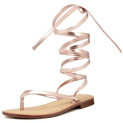 QUEEN HELENA Sandali Infradito alla Schiava Bassi con Lacci Casual Donna Y3008 (Rosa, numeric_36)